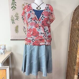 Sheer Floral Mesh Faux Wrap Top Boho Hippie Coastal Grandma Cowgirl Fairy XL